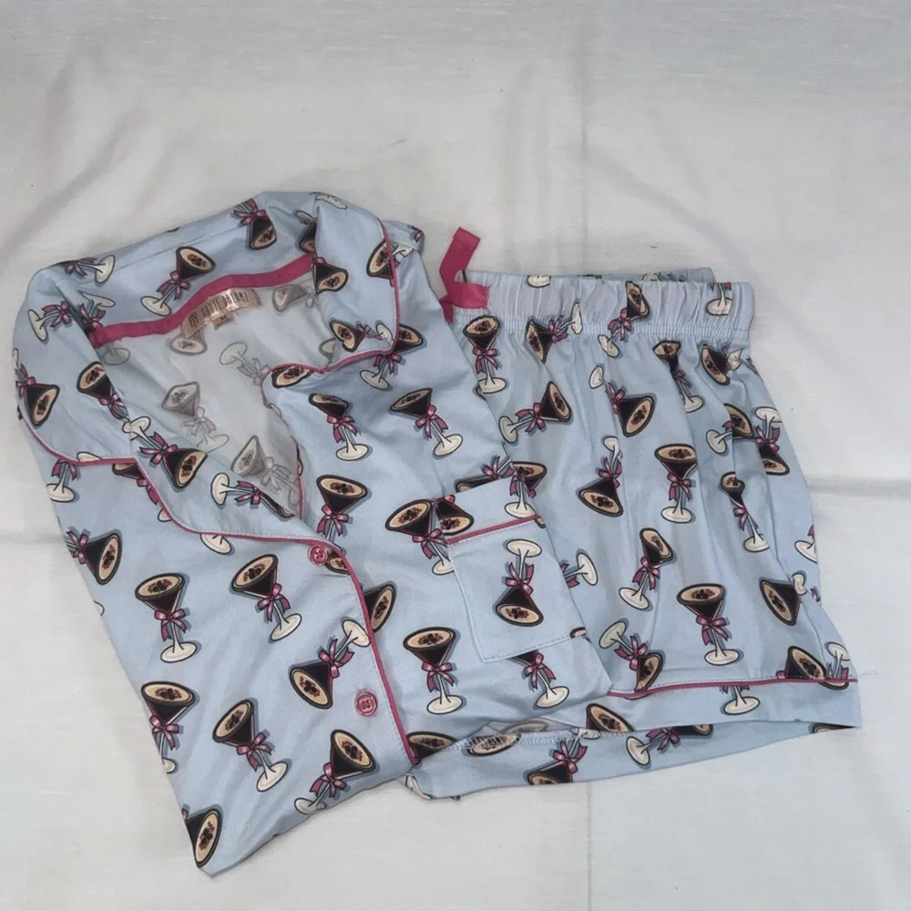 Haute Dreamz Blue Cocktail Martini Print Pajama Sleepwear Set Womens Size M